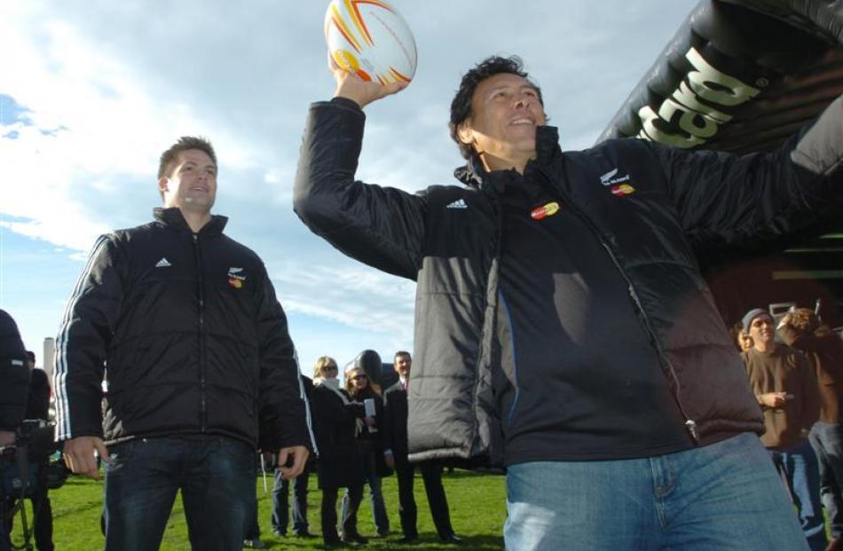 All Black Ritchie McCaw, left, and Buck Shelford during the Mastercard All Black Roadshow at the...