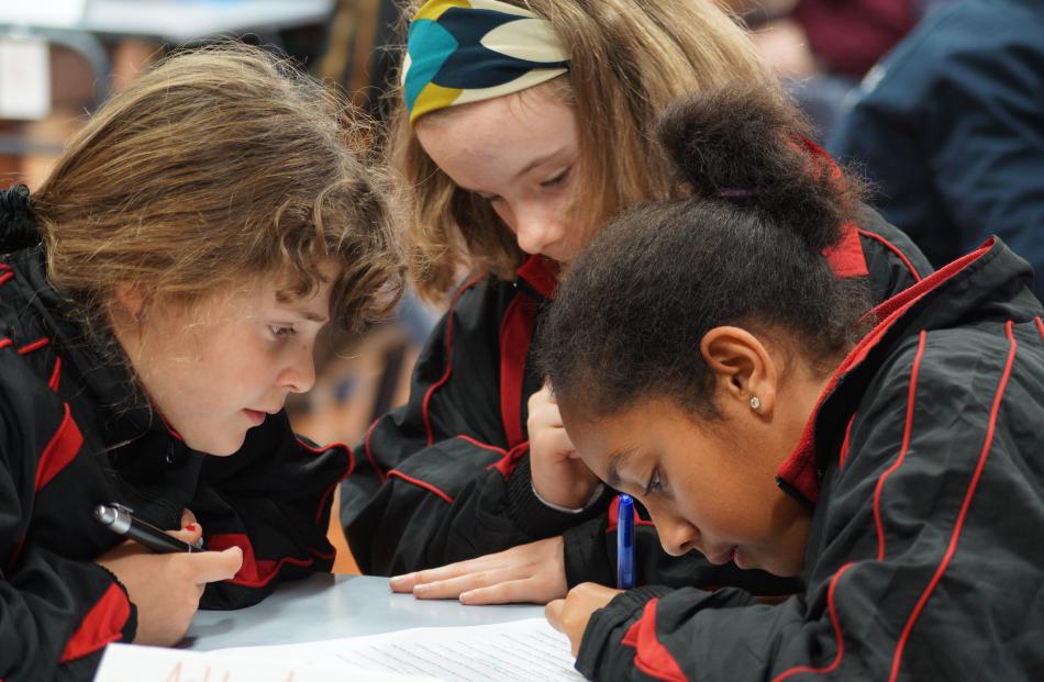 Temuka Primary pupils (from left) Brylee Crawford, Marrisa Shannon and Zoe Spillane (all 11) took first placein the years 5 and 6 current events quiz. Photo: Greta Yeoman