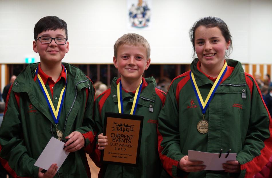 Ashburton Intermediate pupils (from left) Matthew Wong, Sam Orr and Amelie Dick-Robertson (all 12) took first place in the years 7 and 8 quiz last night, answering 95 out of 100 questions correctly. Photo: Greta Yeoman.