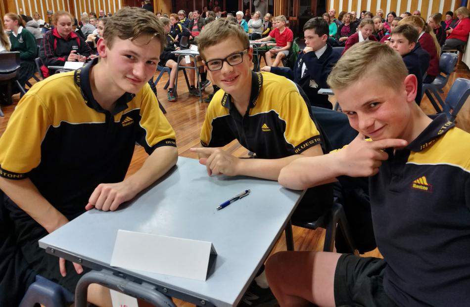 Making the most of some down time are (from left) Robert McIvor (13), Ben Goldingham (13) and Harry Brokenshire (13), of Bluestone School. Photo: Alexia Johnston