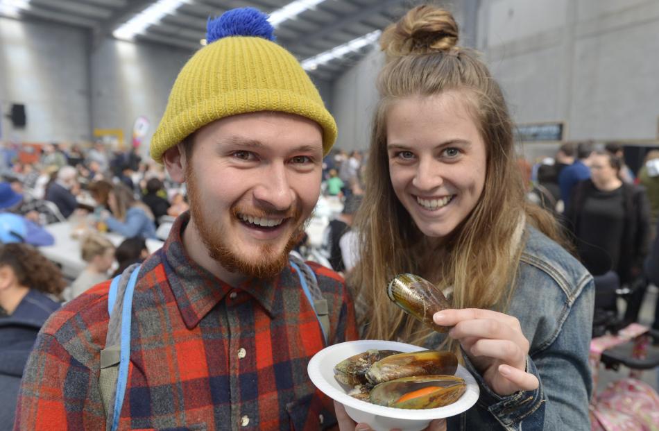 Jonathan Suckling (22) and Bailey Kench (22), of Dunedin, prepare to devour a bowl of steamed...