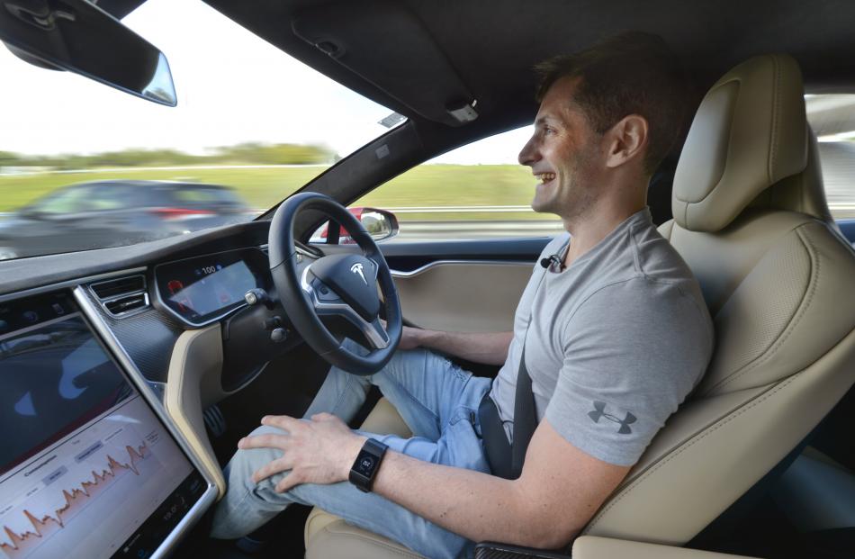 Dean Hall's Tesla Model S P100D drives him to Dunedin Airport. Photo: Gregor Richardson