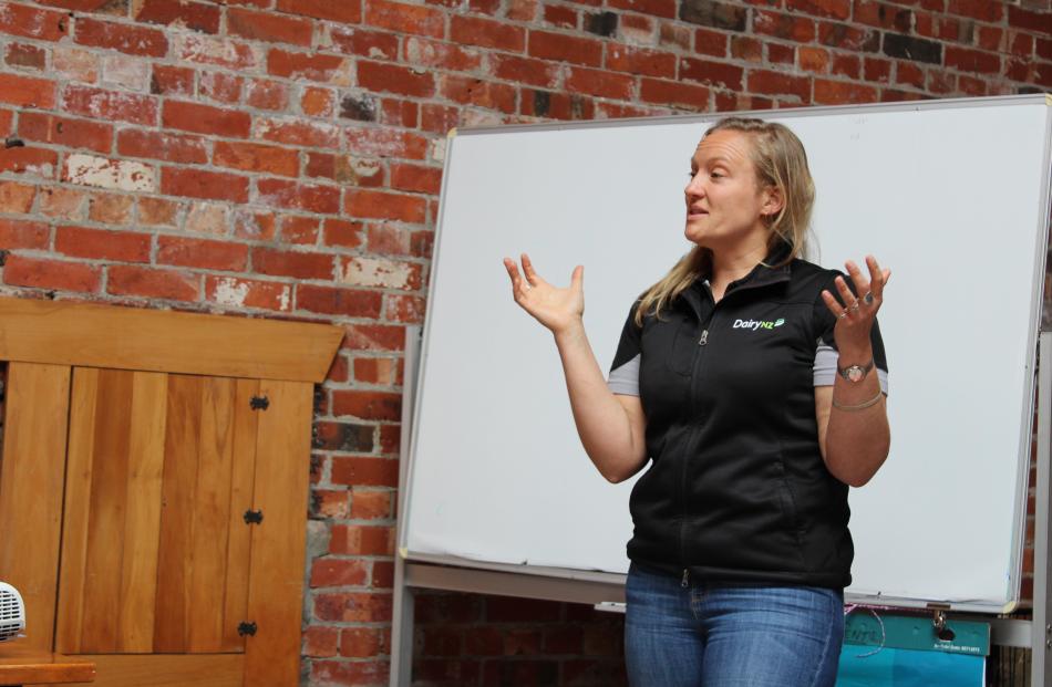 DairyNZ's Sarah Dirks talks to dairy farmers about giving their calves the best start in life, at a Dairy Women's Network weaning workshop recently. Photos: Nicole Sharp