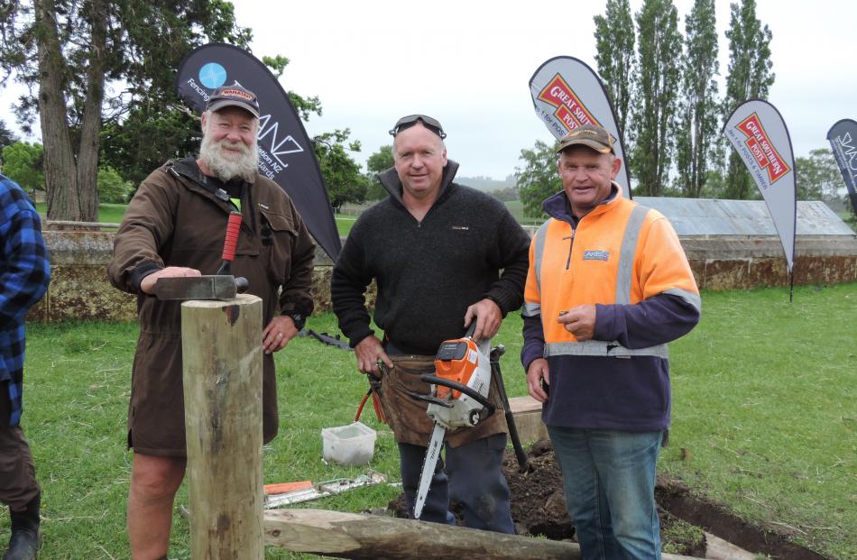 Fencing tutors (from left) John Noakes and Shane Bouskill talk to Ken Lake from Alexandra ahead of their next demonstration at Parkside Quarries.  Photos: Sally Brooker