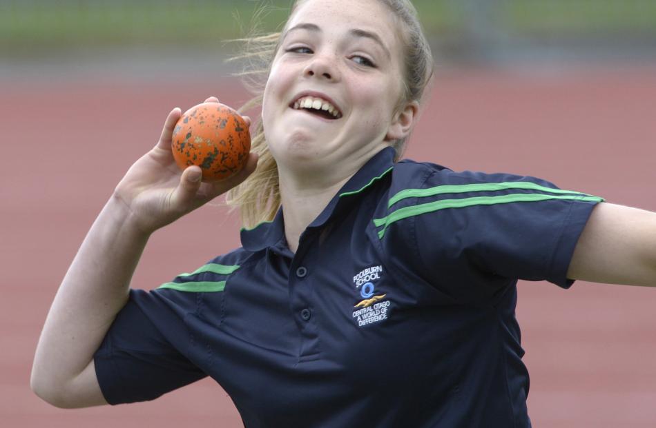 Poolburn Primary School's Hannah Lithgow (11) throws during the under-12 girls' shot put.