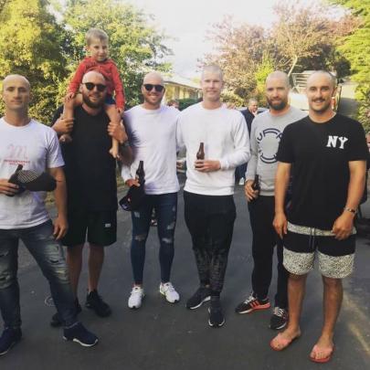 Broom, Craig, Luie Broom (on Craig’s shoulders), Viljoen, Neesham, Wilson and Rutherford sport a...
