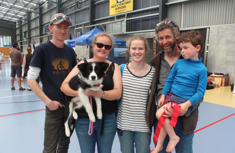 Scott and Nicola (holding dog Indi) Kerr, of Dunedin, with Christina Taylor, of Christchurch, and Warrick Taylor and Liam Nutsford (5), both of Clinton.