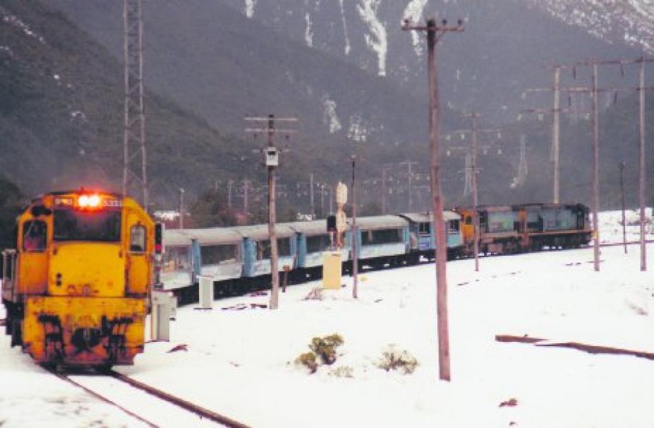 A historic picture of the Tranz Alpine passenger train shown in the livery used when operated by...