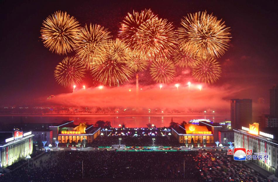 Fireworks are seen during New Year celebrations in this photo released by North Korea's Korean...