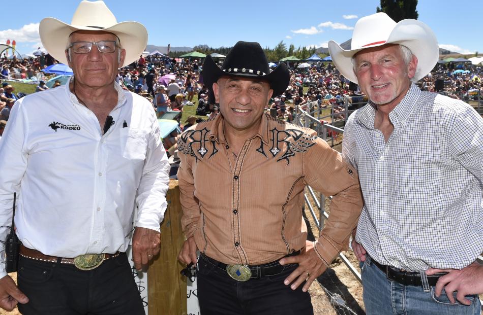 The president of the New Zealand Rodeo Cowboys Association, Lyal Cocks (left), with MP Ron Mark (centre) and national rodeo spokesman Michael Laws at the Wanaka Rodeo yesterday. Photos: Gregor Richardson