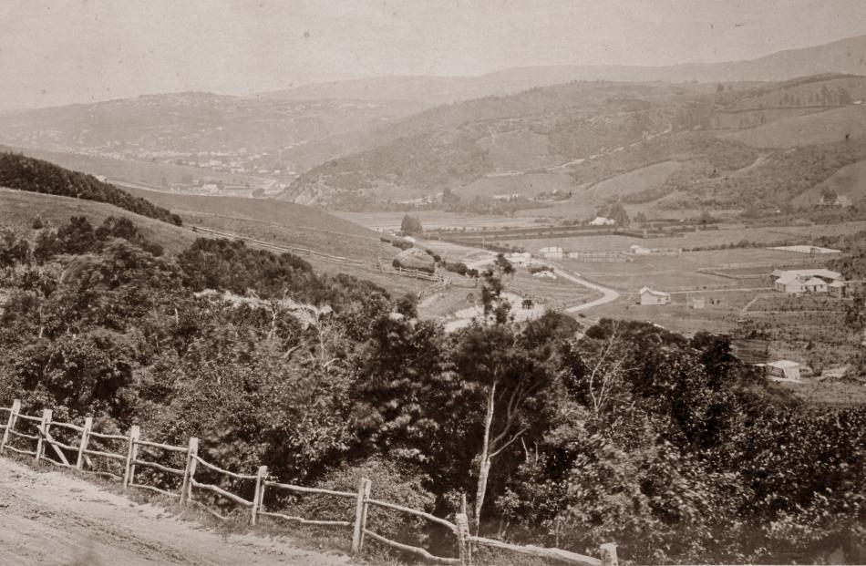 ``A very substantial piece of fluming crosses the road here, carrying about a dozen sluiceheads of water from the Leith, and driving the wheel of the flour mills a short distance further on.'' Dunedin from Pine Hill, June 1867, by Henry Frith. Photo: Te P