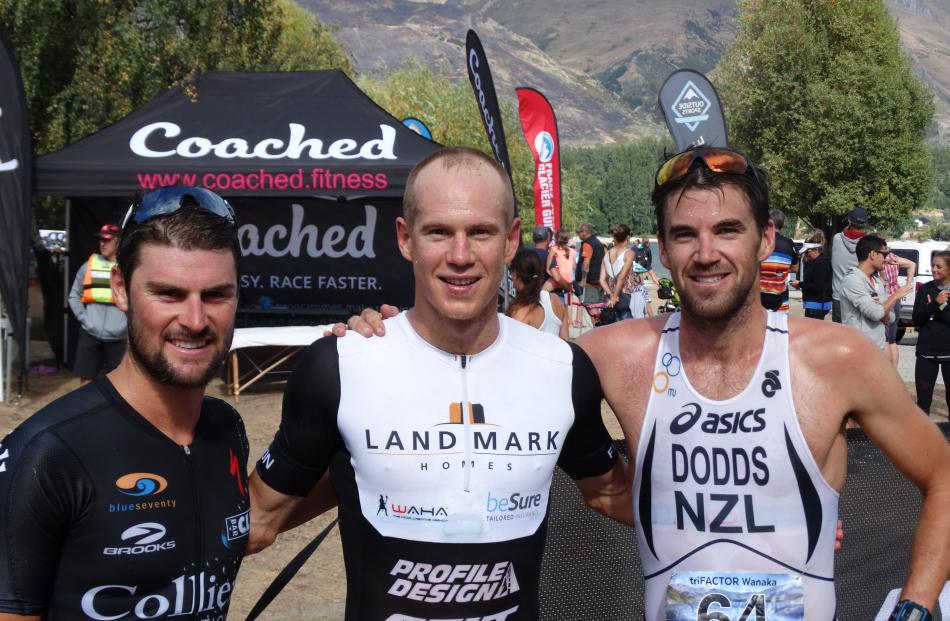 Olympic Sprint Triathlon open male podium place-getters Dylan McNeice (3rd) of Christchurch, Dougal Allan (1st) and Tony Dodds (2nd), both of Wanaka.