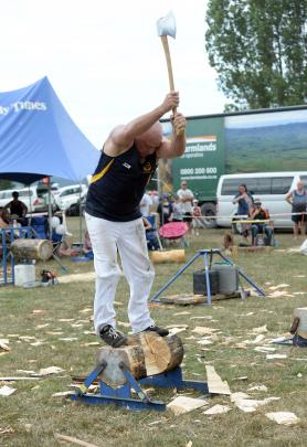 Axeman Gary Gutsell, of Mosgiel, makes short work of a log in the underhand cutting event at the...