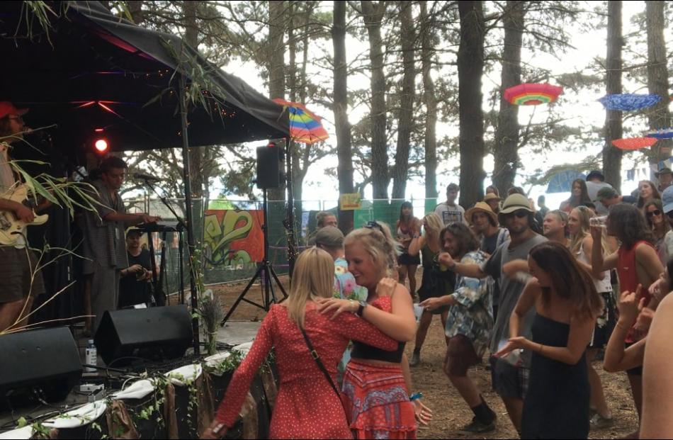 A crowd enjoys the sounds of Queenstown artist Max Gunn at the forest stage at Tuki Festival on...