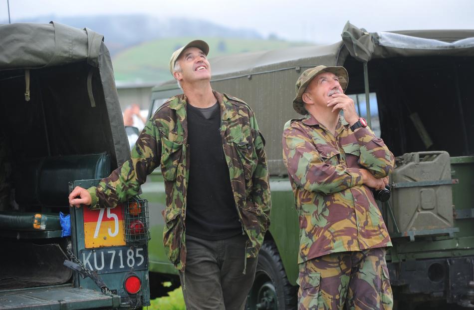 Daryl Brewer, and Ed Davies, in front of a 109 Landrover, of Dunedin at the Taieri Wings & Wheels Day. Photo: Christine O'Connor