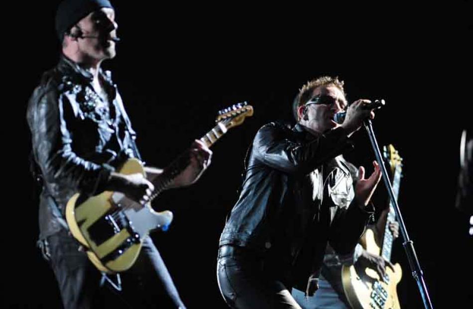 U2 work the crowd during the first Auckland show on their 360deg World Tour, on Thursday.