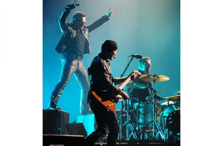 U2 work the crowd during the first Auckland show on their 360deg World Tour, on Thursday.