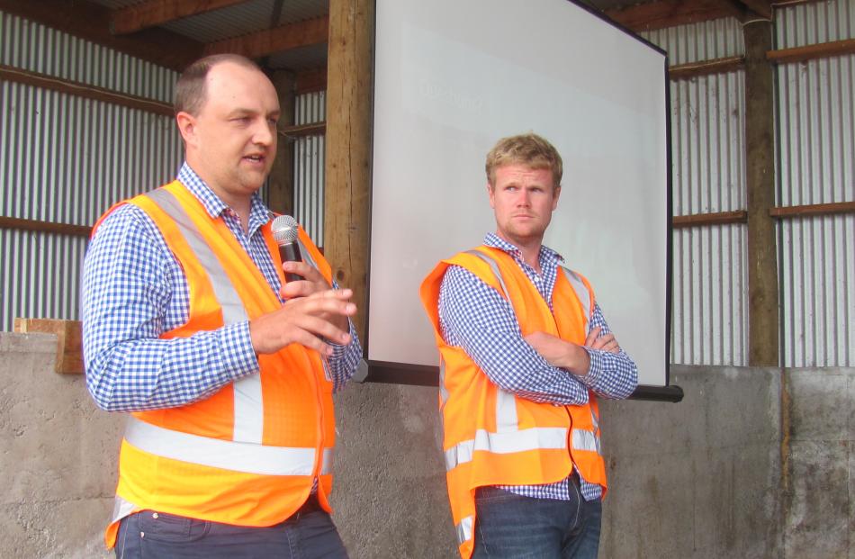 Advocating investment in staff at the Align Farms field day was head of operations Rhys Roberts (left) and Sam Bell, Align Longfield manager. Photos: Maureen Bishop