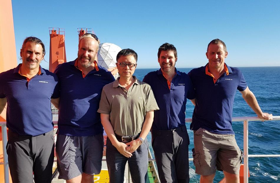 On board  Xue Long are (from left) Erik Bradshaw, Doug Henderson, Chinese expedition leader Huigen Yang, Jeff Rawson and John Taylor. 