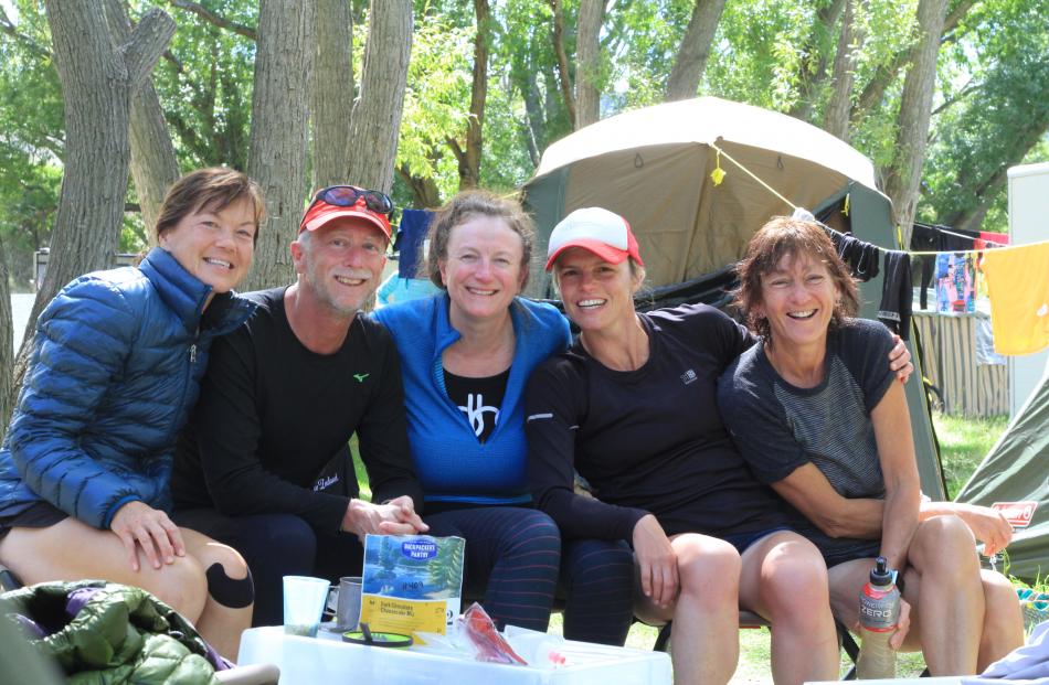 The camaraderie is a highlight among runners at the Alps 2 Ocean Ultra runners, Wendy Fallon, of Oamaru (left), Garth Reader, of Los Alamos, New Mexico, US, Yvonne Kemeny, of Victoria, BC, Canada, Sara Jones-Hogan, of Oamaru, and Toni Smith, of Timaru.