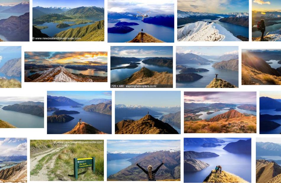 Roys Peak, Wanaka, was climbed by 84,000 people in the 2017-18 year, with photos filling page...