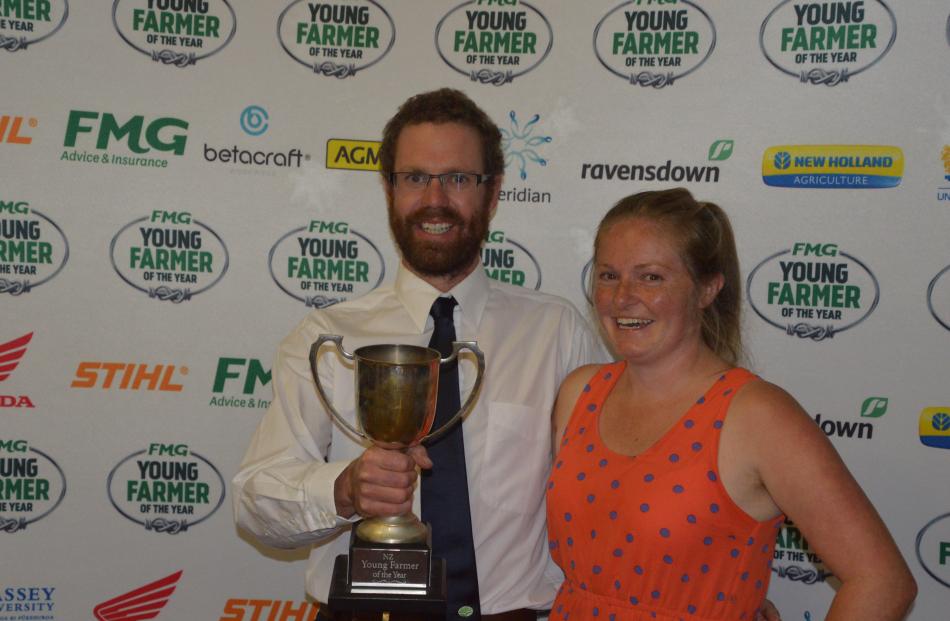 Andrew and Kate Wiffen celebrate Andrew's win in the Young Farmer of the Year Tasman region final in Templeton, near Christchurch, on April 7. 
