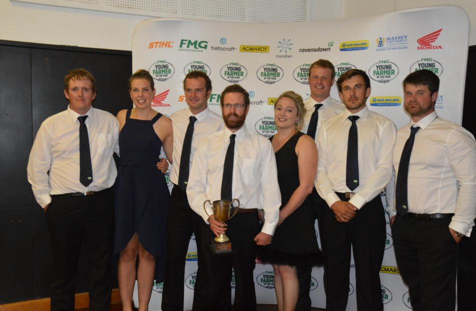 Contestants take a moment together during the evening show in the Young Farmer of the Year Tasman region final in Templeton are (from left) Martin Bates, Vanessa Robinson, Jono Satterthwaite, Andrew Wiffen, Megan Hands, Stewart Watson, Roscoe Taggart and 