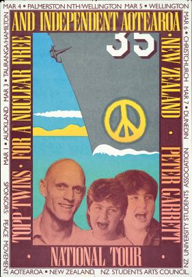 Topp Twins and Peter Garrett for a Nuclear Free and Independent Aotearoa (1985).