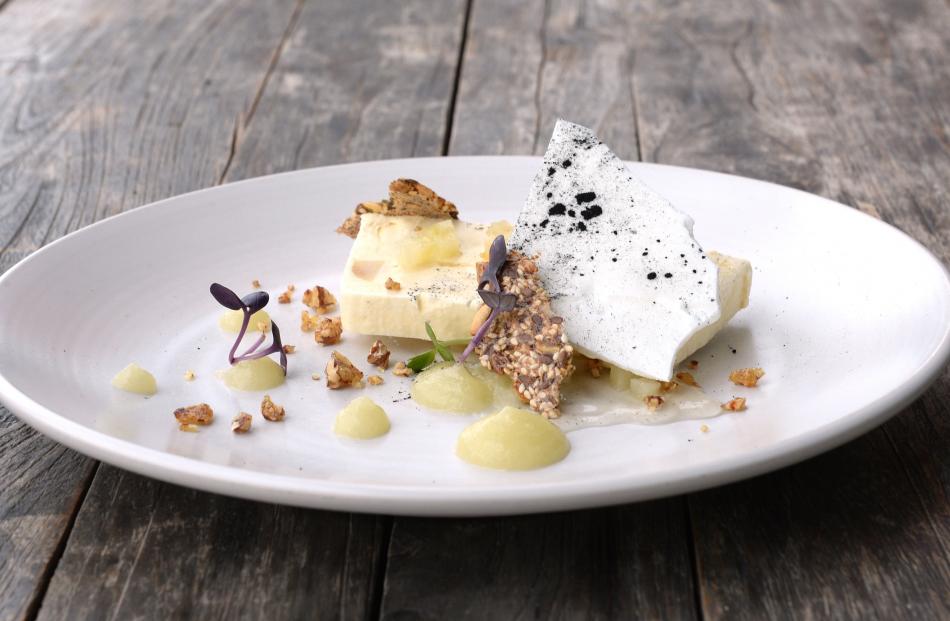 Andy Aitken’s work in progress — a Whitestone Shenley Blue semifreddo with bird seed crackers, meringue and walnut praline. Photo: Linda Robertson