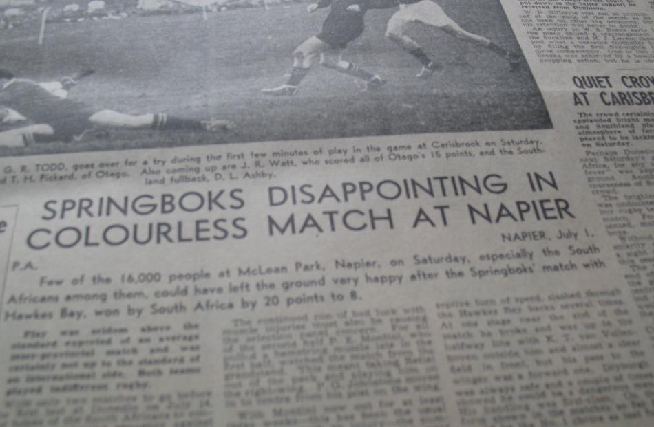 Found in the ODT archives, a headline in the paper from July 2, 1956 during the Springbok tour. We wonder, was the sub-editor quietly making a point about apartheid? Photo: Otago Daily Times