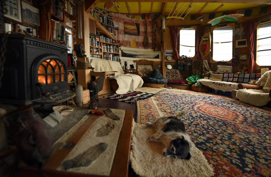 Olive the dog rests in front of the fire inside Aramoana man Just Doi's structure which he says...