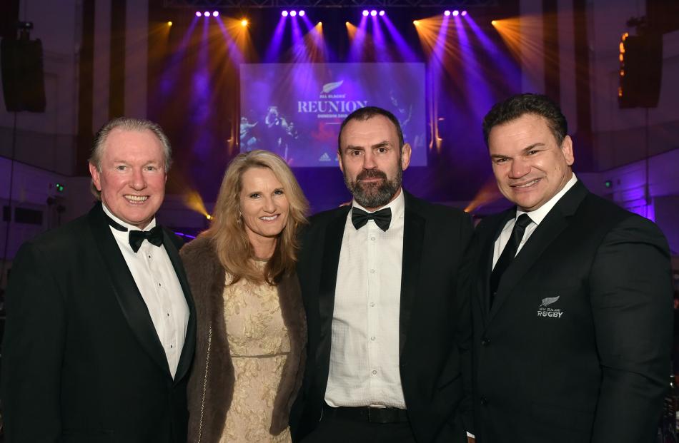 Former All Blacks (from left)  Stu Wilson, Kevin Schuler and Sir Michael Jones with Kevin’s wife,...