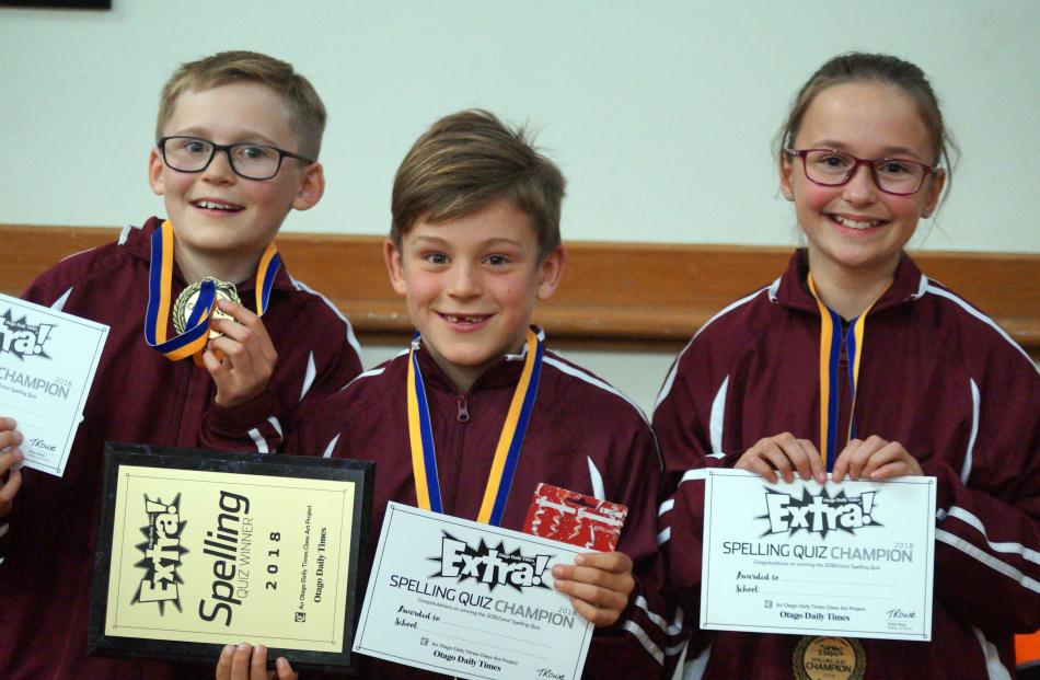 Year 5 and 6 Otago Daily Times Extra! central South Island quiz winners (from left) Luke Winter (11), Jack Houstoun (9) and Mackenzie Walker (11), of Gleniti School, show off their prizes. Photos: Greta Yeoman