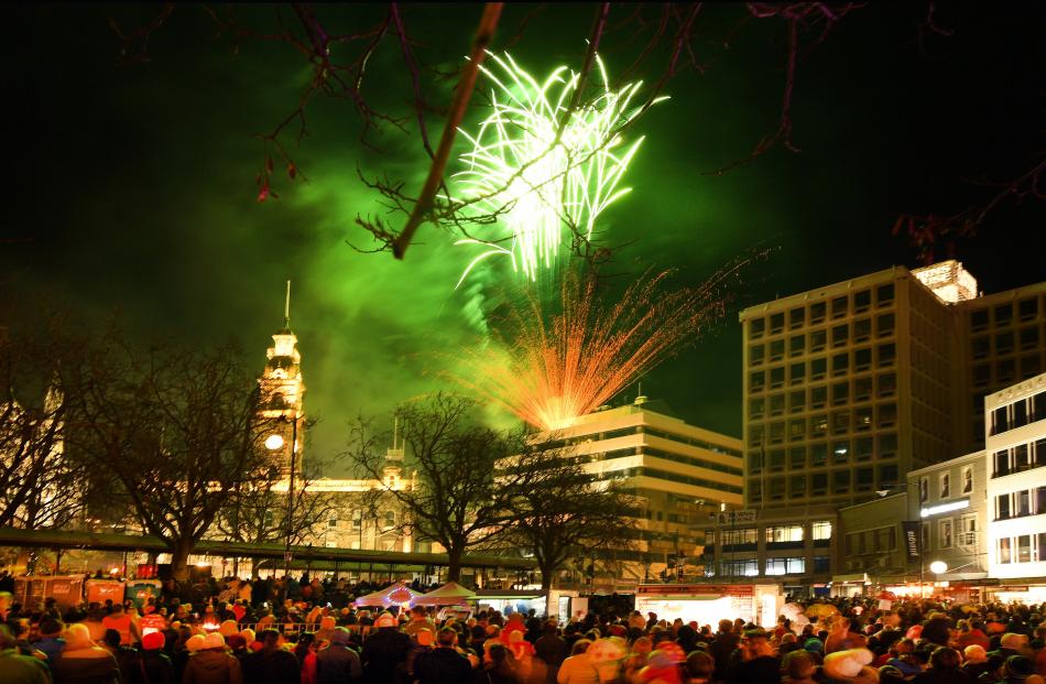 Thousands watched the fireworks at the end of the Dunedin mid-winter carnival. Photo: Stephen...