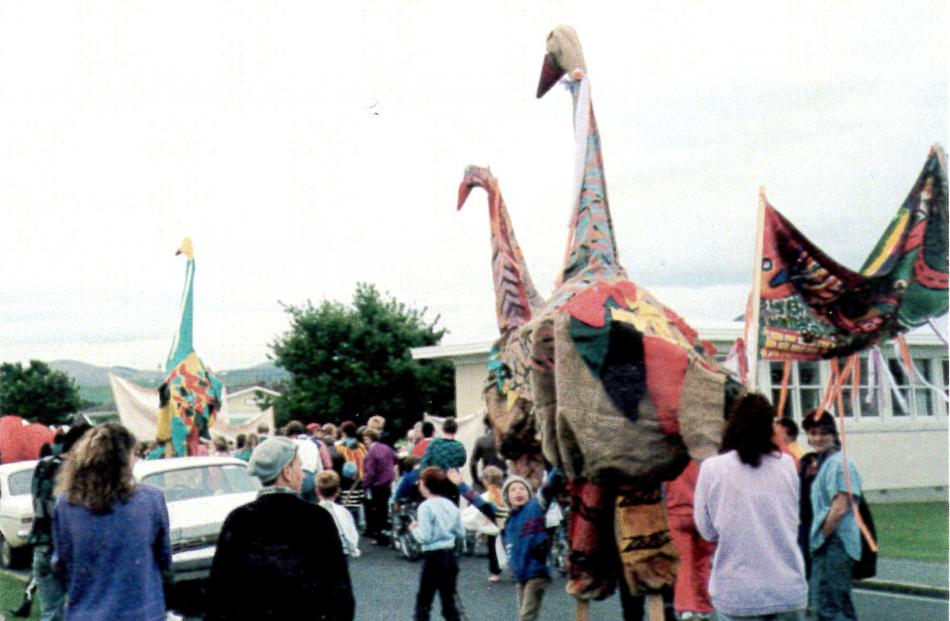Moa stilt-walkers parade with the taniwha to lay to rest "the mythical beast of mental illness'' at Cherry Farm Hospital on November 5, 1987.