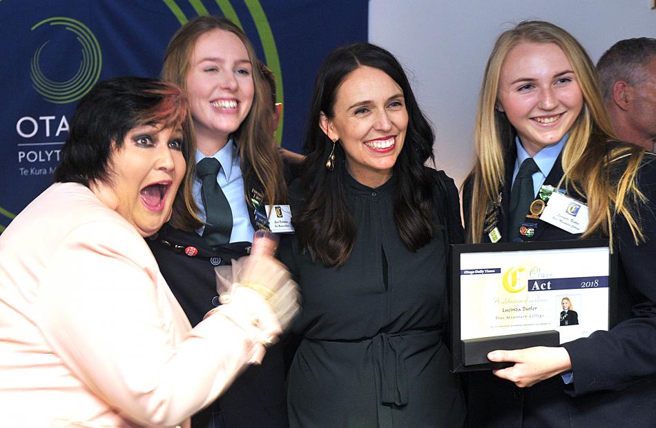 Blue Mountain College principal (far left) Lindy Cavanagh-Monaghan cannot contain her excitement...