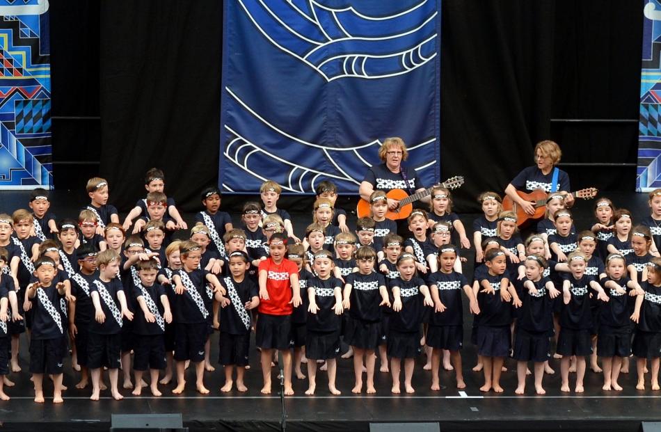 Dunedin primary school pupils from Grant Brae’s School take to the stage at Polyfest 2016. Photo:...