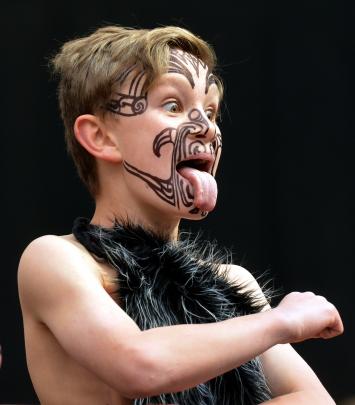 Omar Arekatera Te Ra (11) leads the Balaclava School haka during the 2016 Polyfest. Photo:...