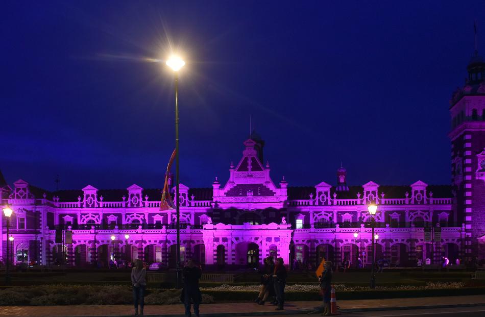 The Dunedin Railway Station went pink on Friday  and Saturday nights. PHOTO PETER MCINTOSH

