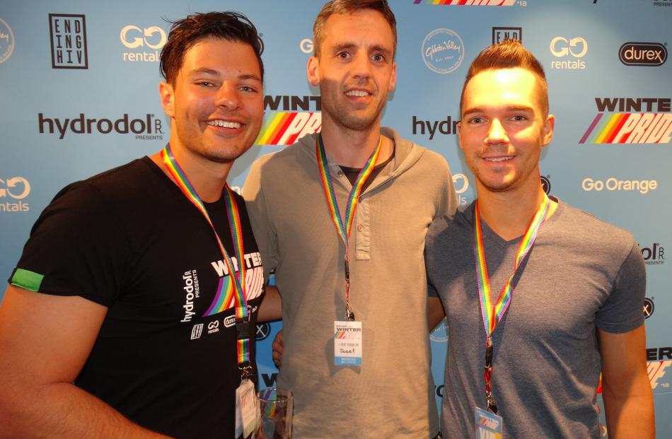 Mr Gay World Jordan Bruno, of Perth, Josef Sabo, of Melbourne, and Joel Green, of Melbourne.