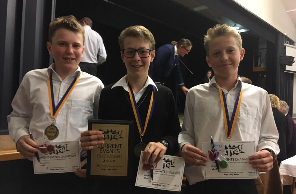 Mt Hutt College pupils (from left) Jack Irwin (13), Jonty King (13) and Toby Robinson (12) took first place in the year 7-8 quiz section. Photo: Greta Yeoman