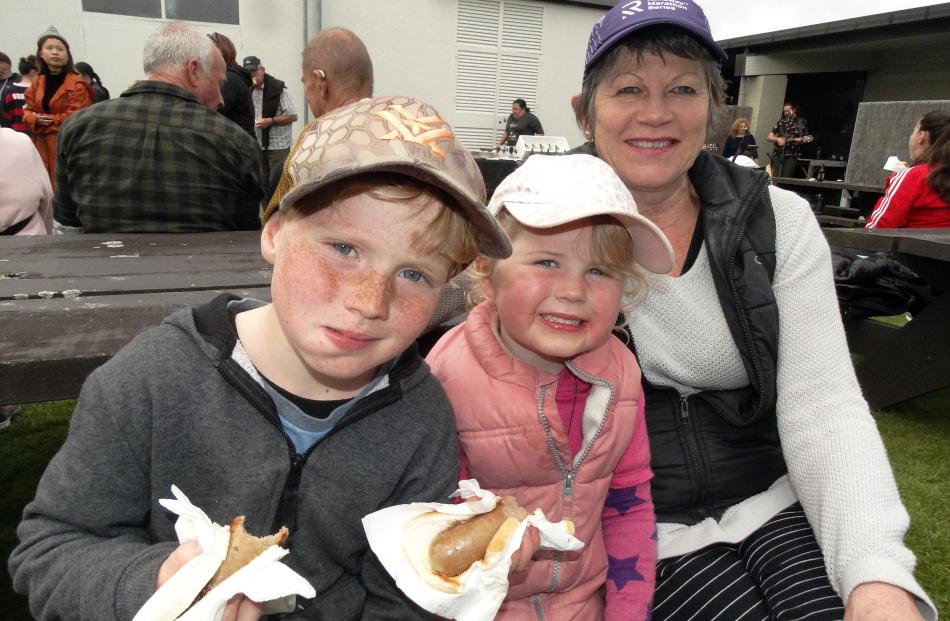 Xavier (7)  and sister Amelia (4), of Queenstown, with nan Barb Crotty, of Temuka, at Saturday’s...