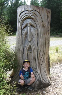 Ashley Mangan (7) poses with a dendroglyph in Burwood Forest, near Christchurch, on New Year’s...
