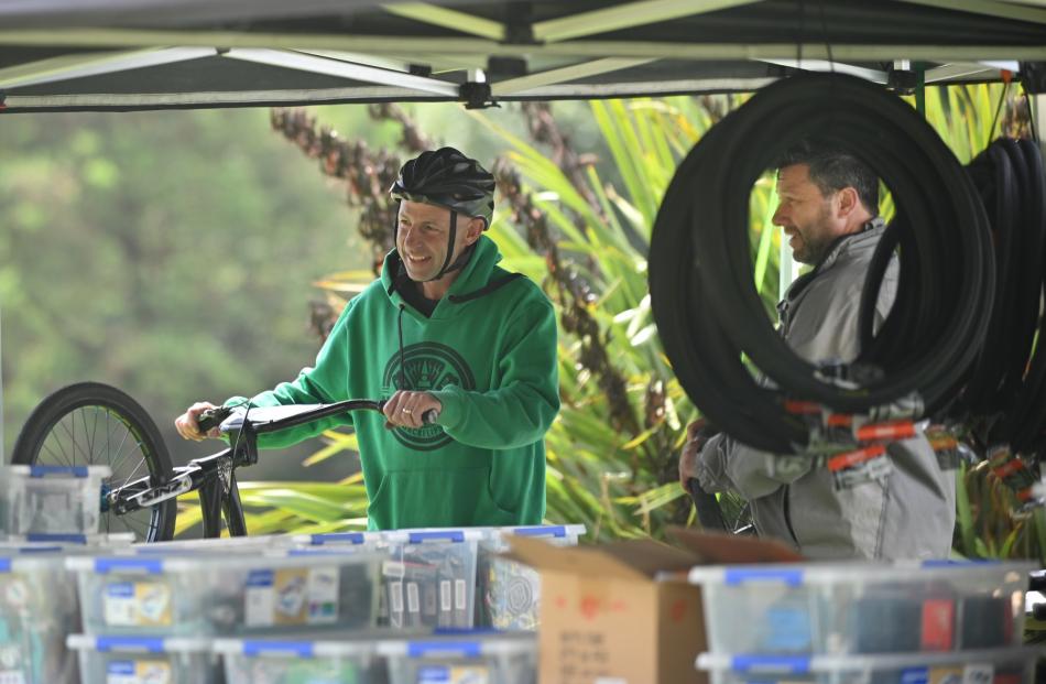 Nathan Cornelius, of Christchurch, and Bruno Pfister, of Auckland, with BMX race parts for sale.