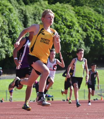 Jacob Robinson (North Otago) is off to a flyer in the grade 12 boys 200m. High flyer ... Nicholas...