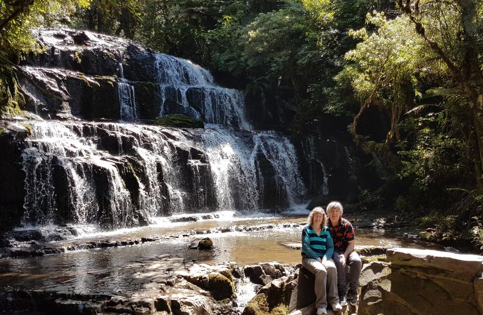 Ian and Sheryll Rickerby, of Mosgiel, visit Purakaunui Falls on Christmas  Day. Photo: Scott Rickerby