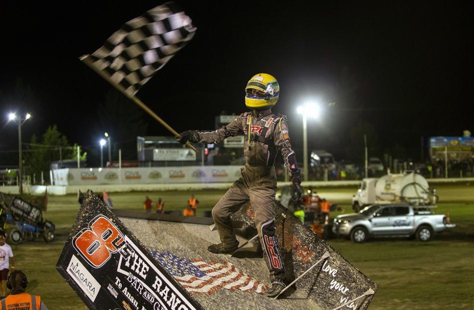 Buddy Kofoid celebrates after winning the New Zealand Sprintcar title at the Central Motor...