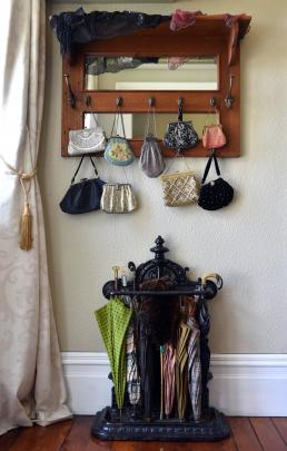 Beaded purses hang in the hall. 