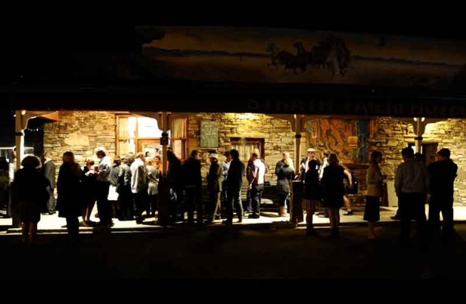 Patrons outside the Strath Taieri Hotel.