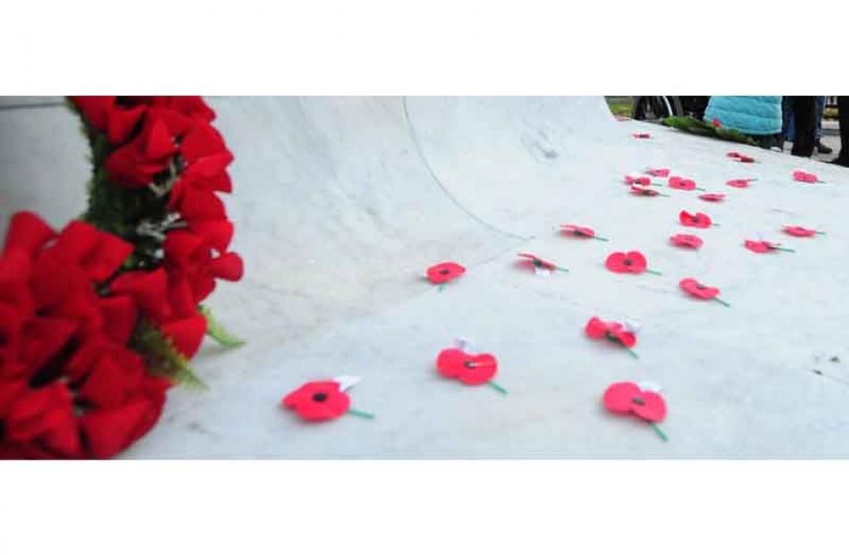 Poppies on the cenotaph at the ANZAC dawn service, Queens Gardens in Dunedin on ANZAC Day. Photo...